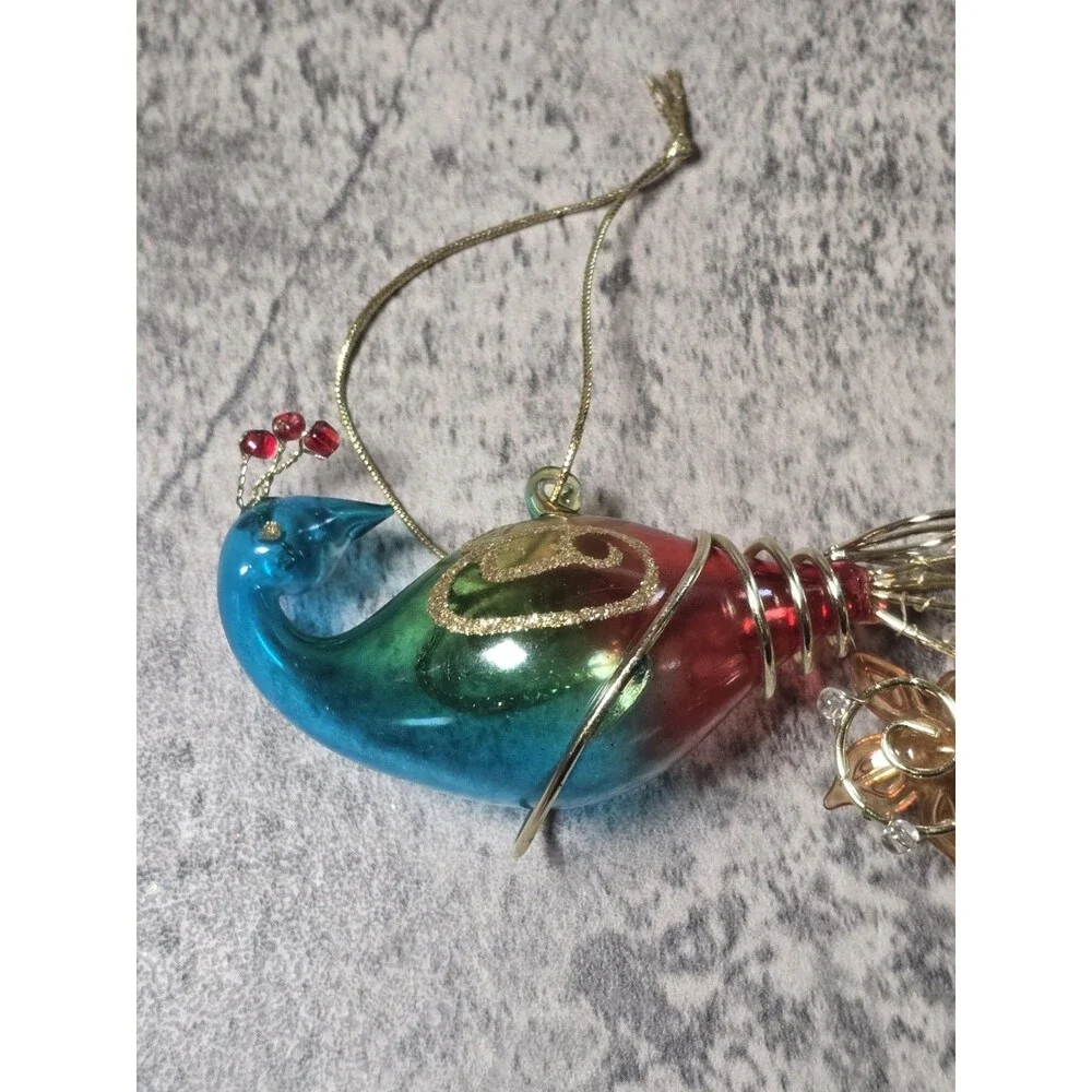 Vintage Blue Green Peacock Blown Glass Christmas Ornament Ornate Tail Nice